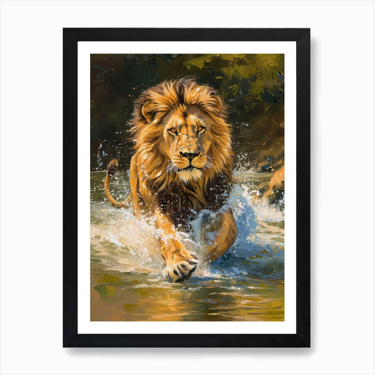 African Lion Crossing A River Acryl Framed Wall Art Poster Canvas Print Picture