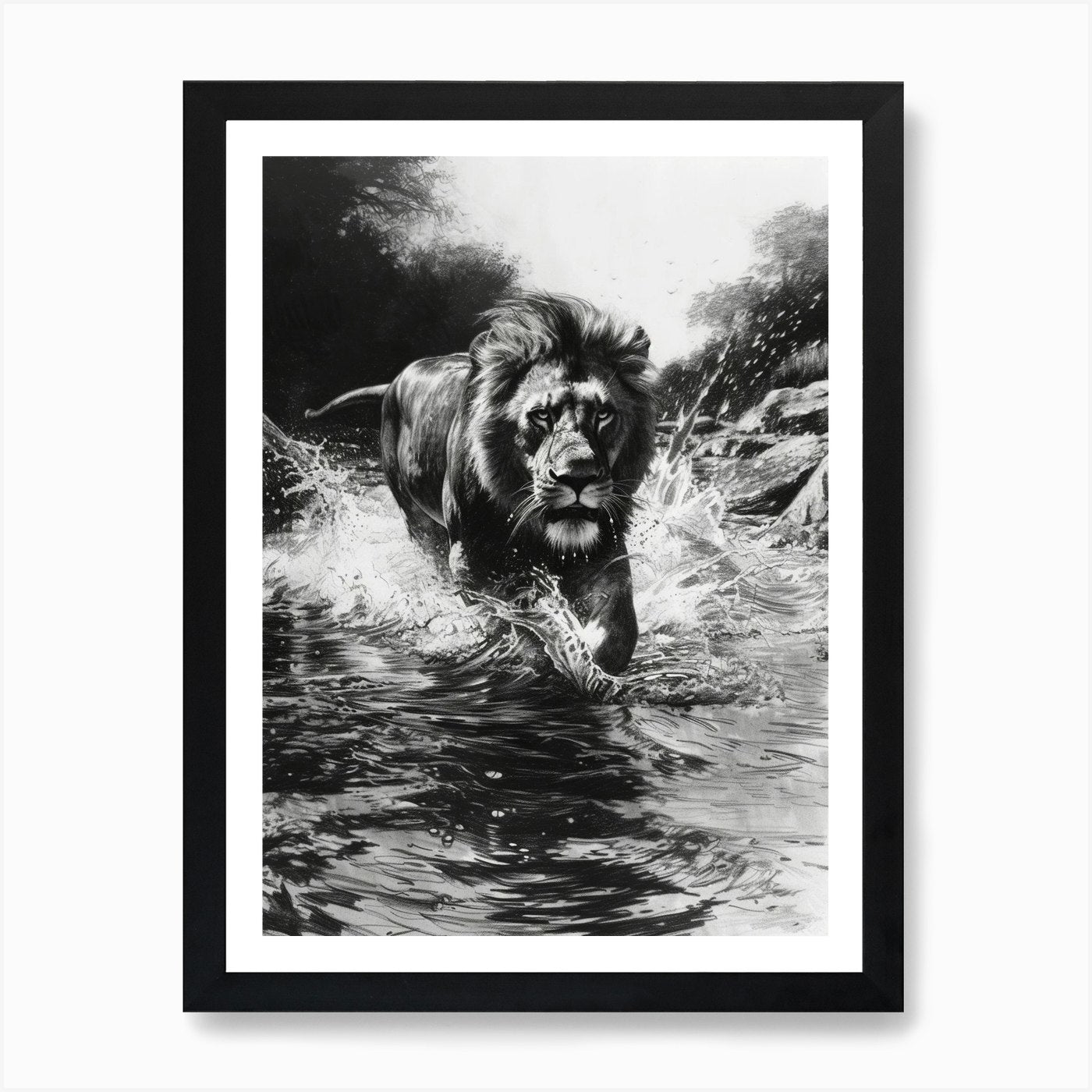 Barbary Lion Charcoal Drawing Cross Framed Wall Art Poster Canvas Print Picture