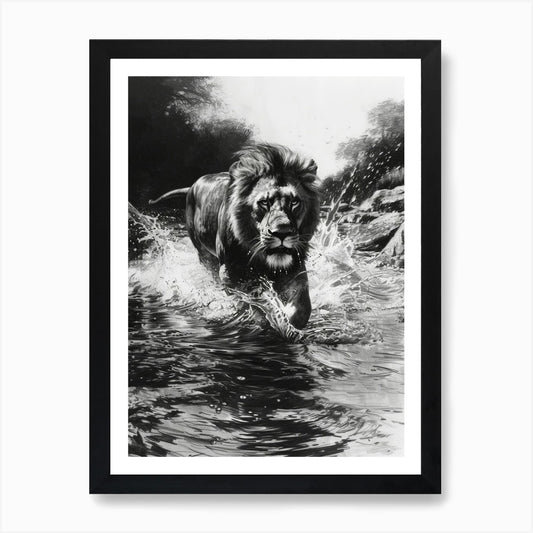 Barbary Lion Charcoal Drawing Cross Framed Wall Art Poster Canvas Print Picture