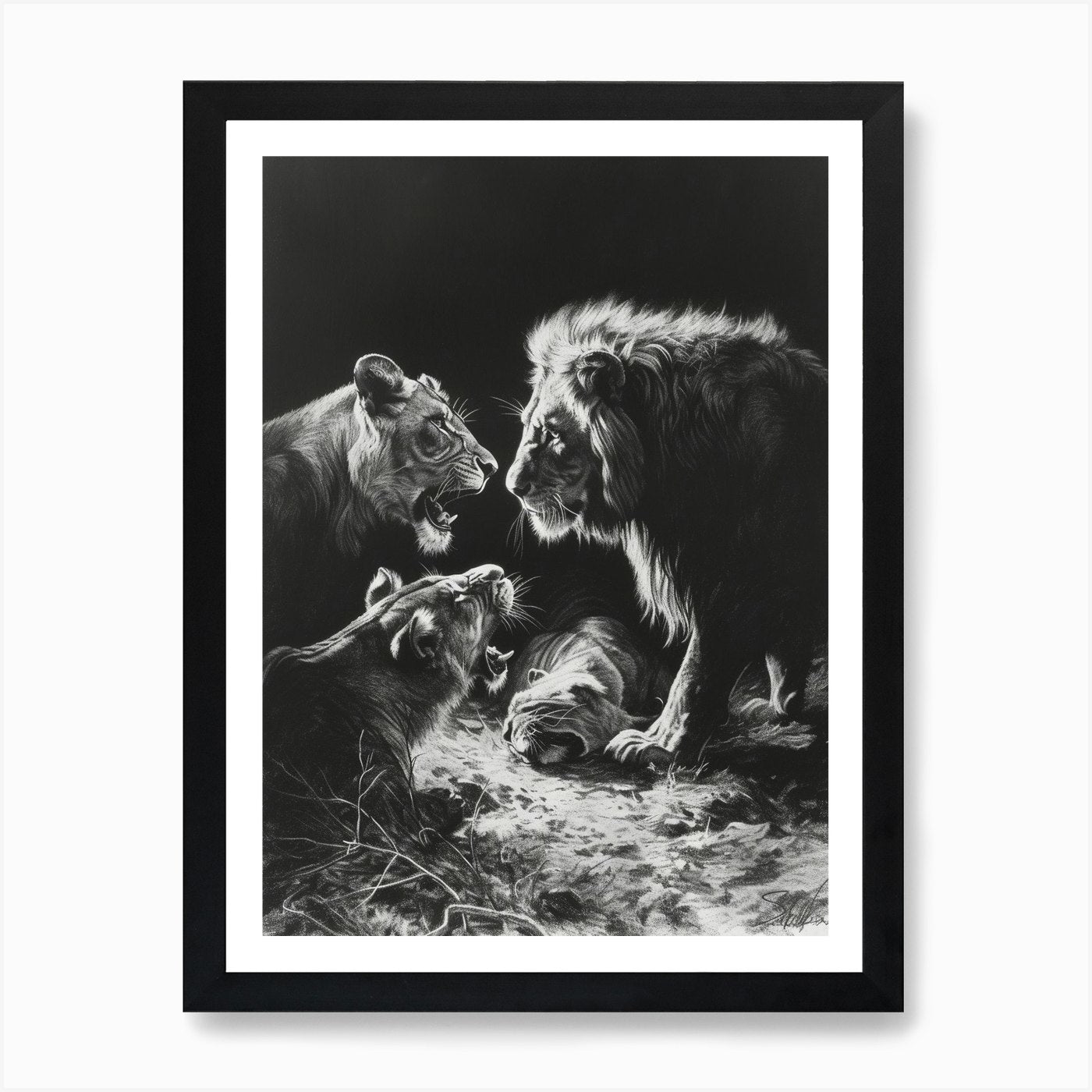 African Lion Charcoal Drawing Inter Framed Wall Art Poster Canvas Print Picture