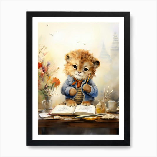 Writing Watercolour Lion Art Painti Framed Wall Art Poster Canvas Print Picture