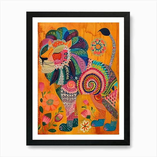 Folk Pattern Lion 3 Art Print Framed Wall Art Poster Canvas Print Picture