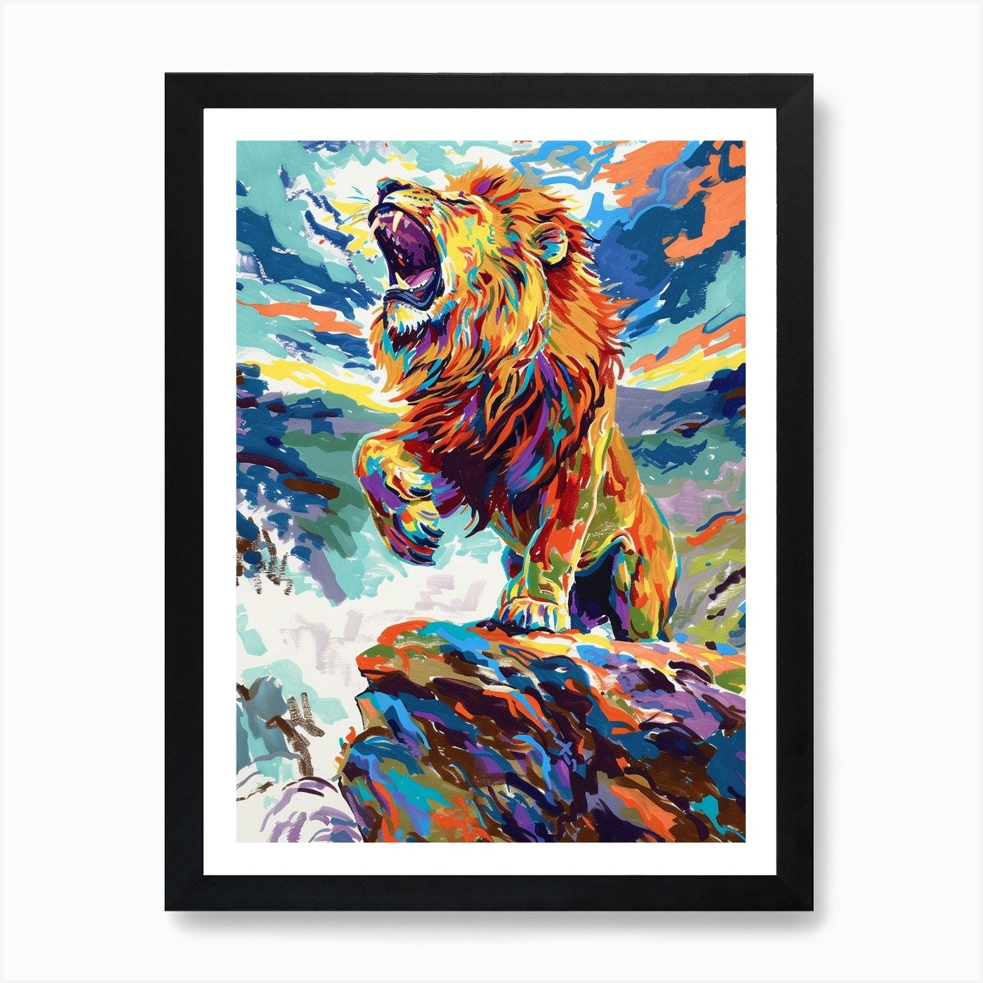 Masai Lion Roaring On A Cliff Fauvi Framed Wall Art Poster Canvas Print Picture