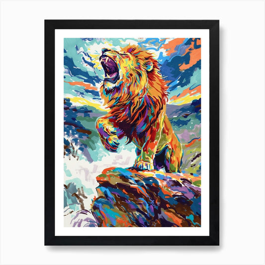 Masai Lion Roaring On A Cliff Fauvi Framed Wall Art Poster Canvas Print Picture