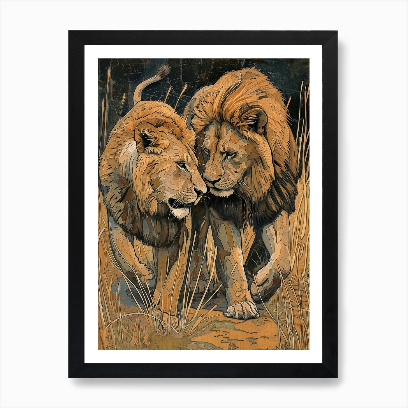 African Lion Relief Illustration Ri Framed Wall Art Poster Canvas Print Picture