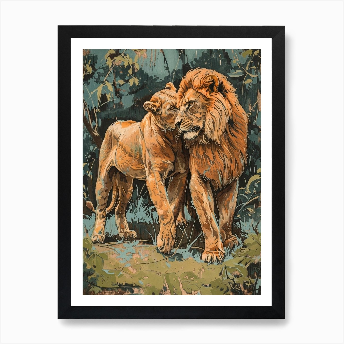 African Lion Relief Illustration Ri Framed Wall Art Poster Canvas Print Picture
