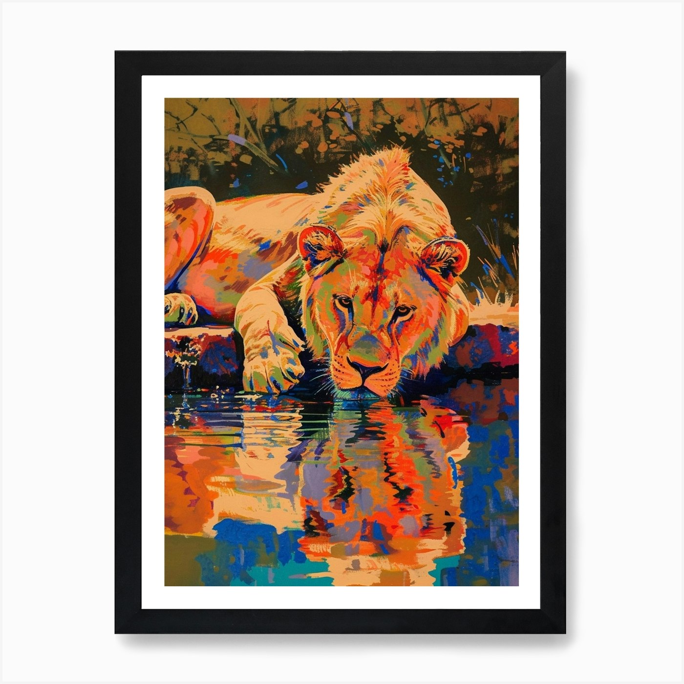 Asiatic Lion Drinking From A Wateri Framed Wall Art Poster Canvas Print Picture