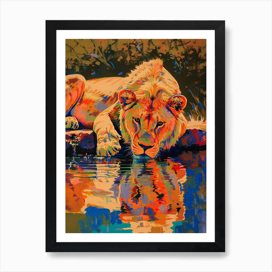 Asiatic Lion Drinking From A Wateri Framed Wall Art Poster Canvas Print Picture