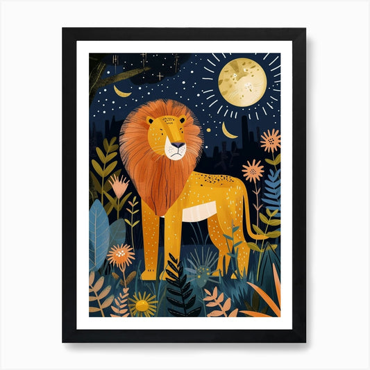 African Lion Night Hunt Illustratio Framed Wall Art Poster Canvas Print Picture