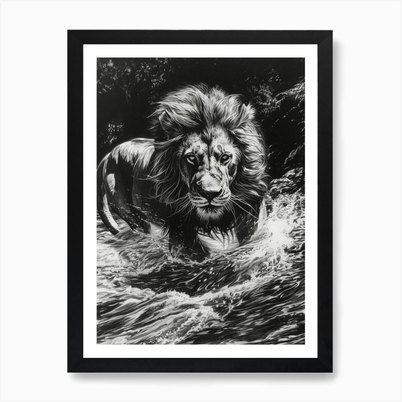 Barbary Lion Charcoal Drawing Cross Framed Wall Art Poster Canvas Print Picture