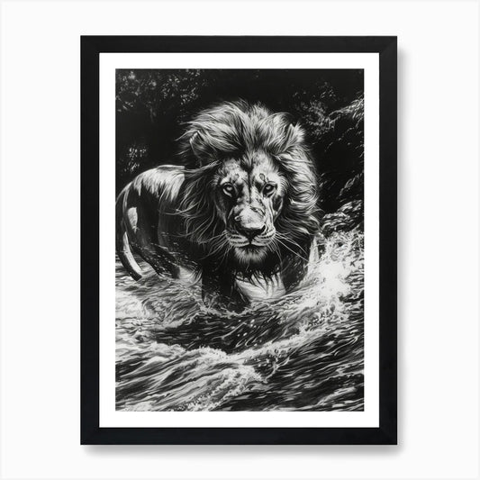 Barbary Lion Charcoal Drawing Cross Framed Wall Art Poster Canvas Print Picture