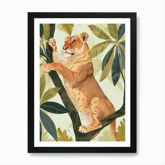 African Lion Climbing A Tree Illust Framed Wall Art Poster Canvas Print Picture