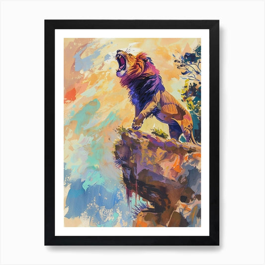 Southwest African Lion Roaring On A Framed Wall Art Poster Canvas Print Picture