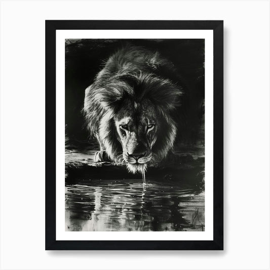 Barbary Lion Charcoal Drawing Drink Framed Wall Art Poster Canvas Print Picture