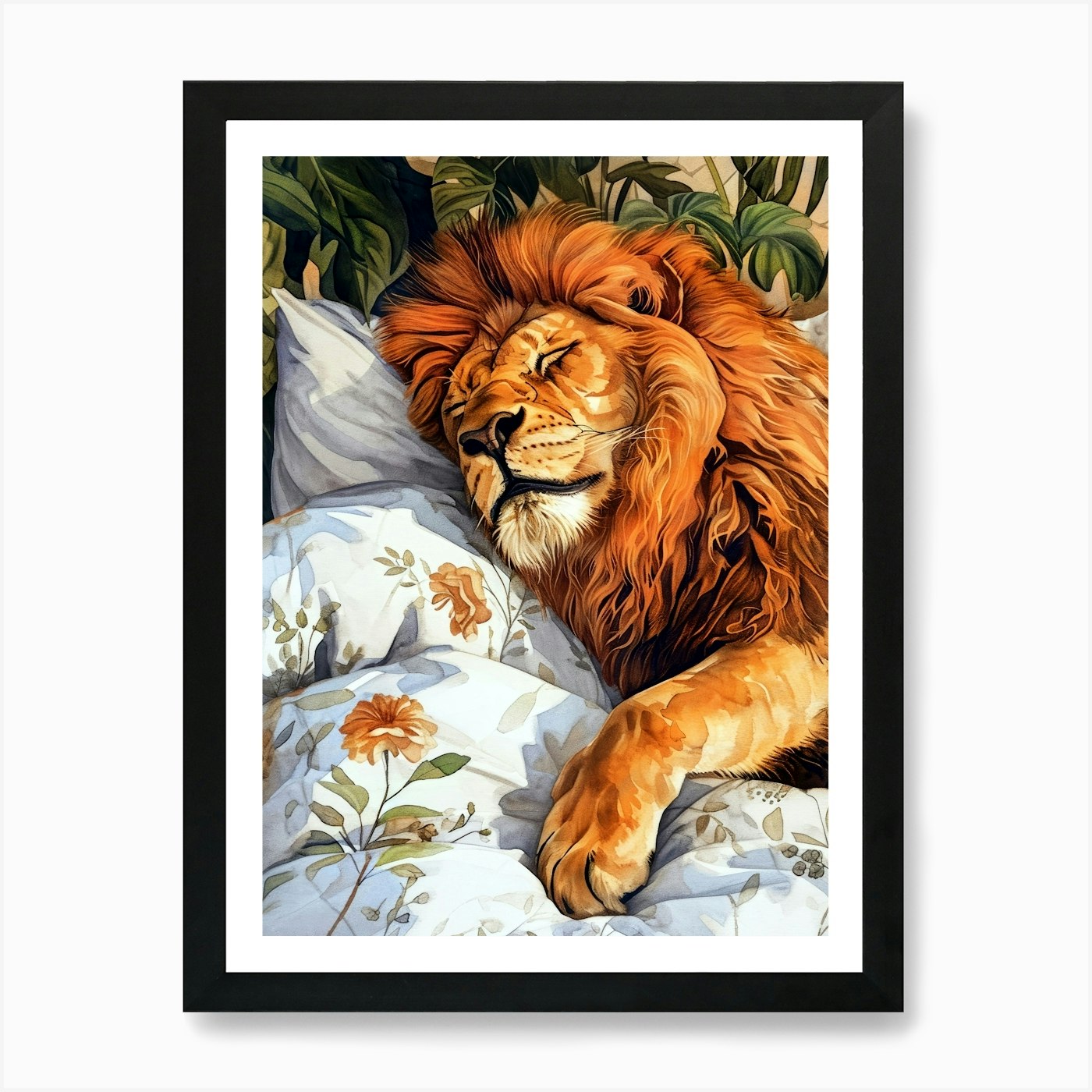 Lion in the bed animal illustration Framed Wall Art Poster Canvas Print Picture