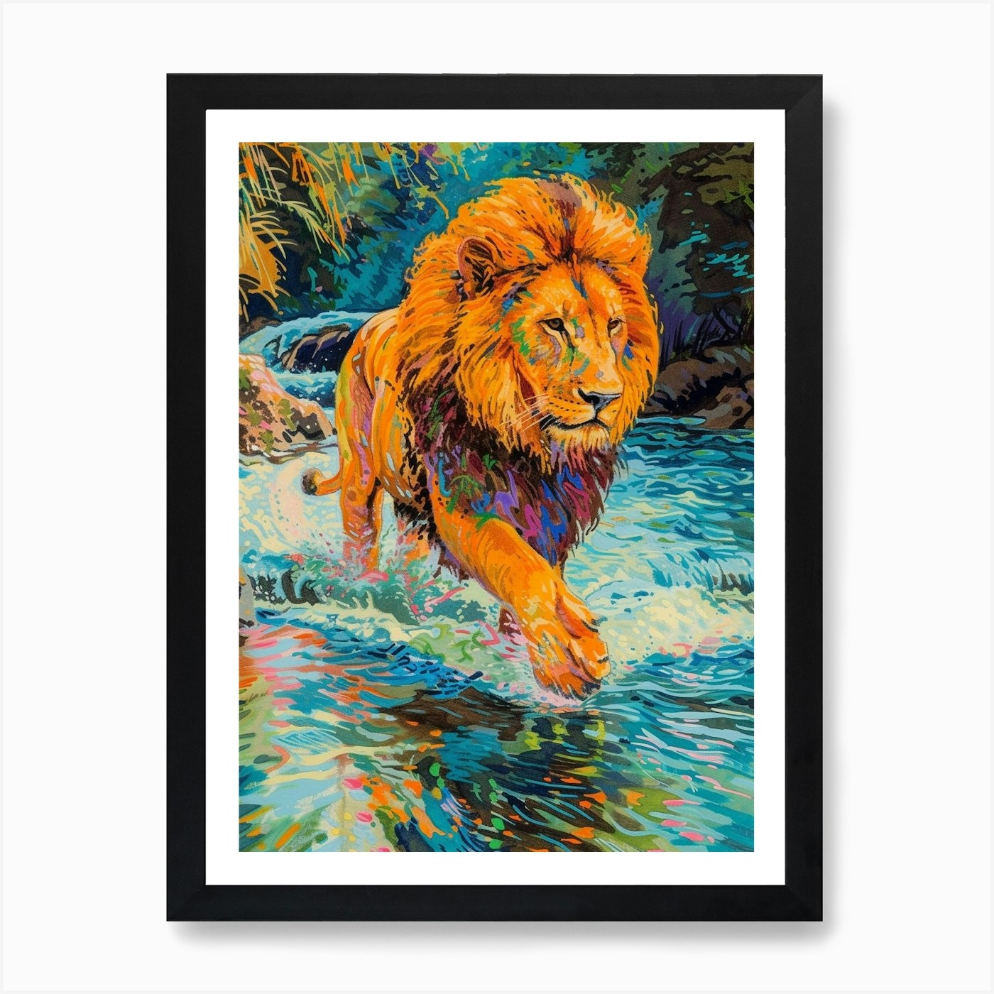Asiatic Lion Crossing A River Fauvi Framed Wall Art Poster Canvas Print Picture