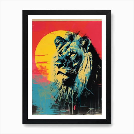 Lion Pop Art Risograph Inspired 2 A Framed Wall Art Poster Canvas Print Picture