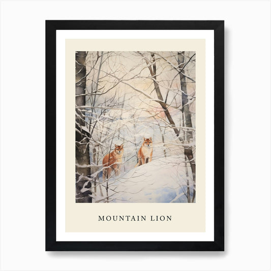 Winter Watercolour Mountain Lion 2  Framed Wall Art Poster Canvas Print Picture