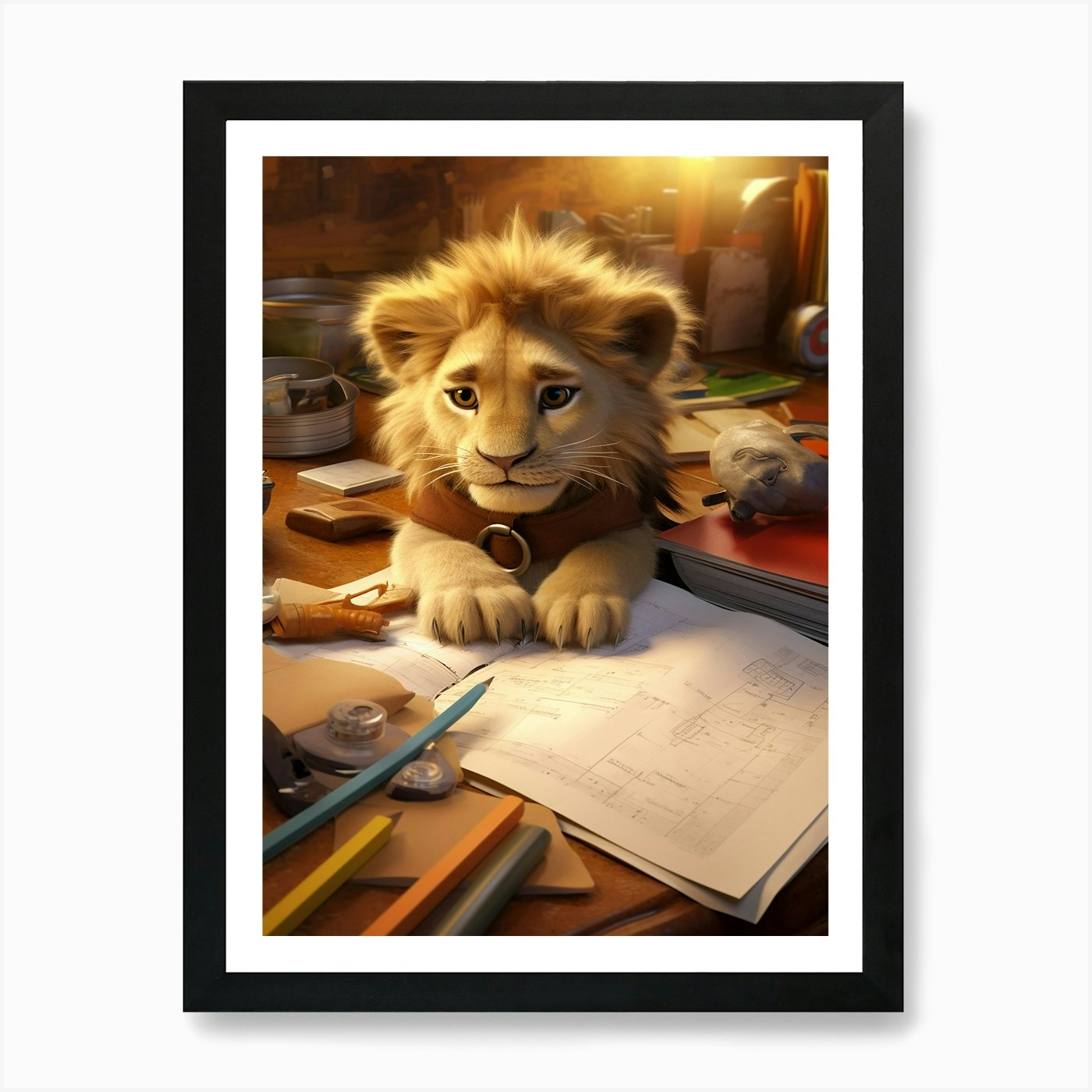 Sweet Baby Lion Hits the Books Prin Framed Wall Art Poster Canvas Print Picture