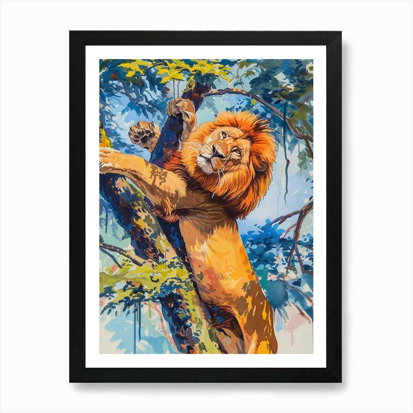 Masai Lion Climbing A Tree Fauvist  Framed Wall Art Poster Canvas Print Picture