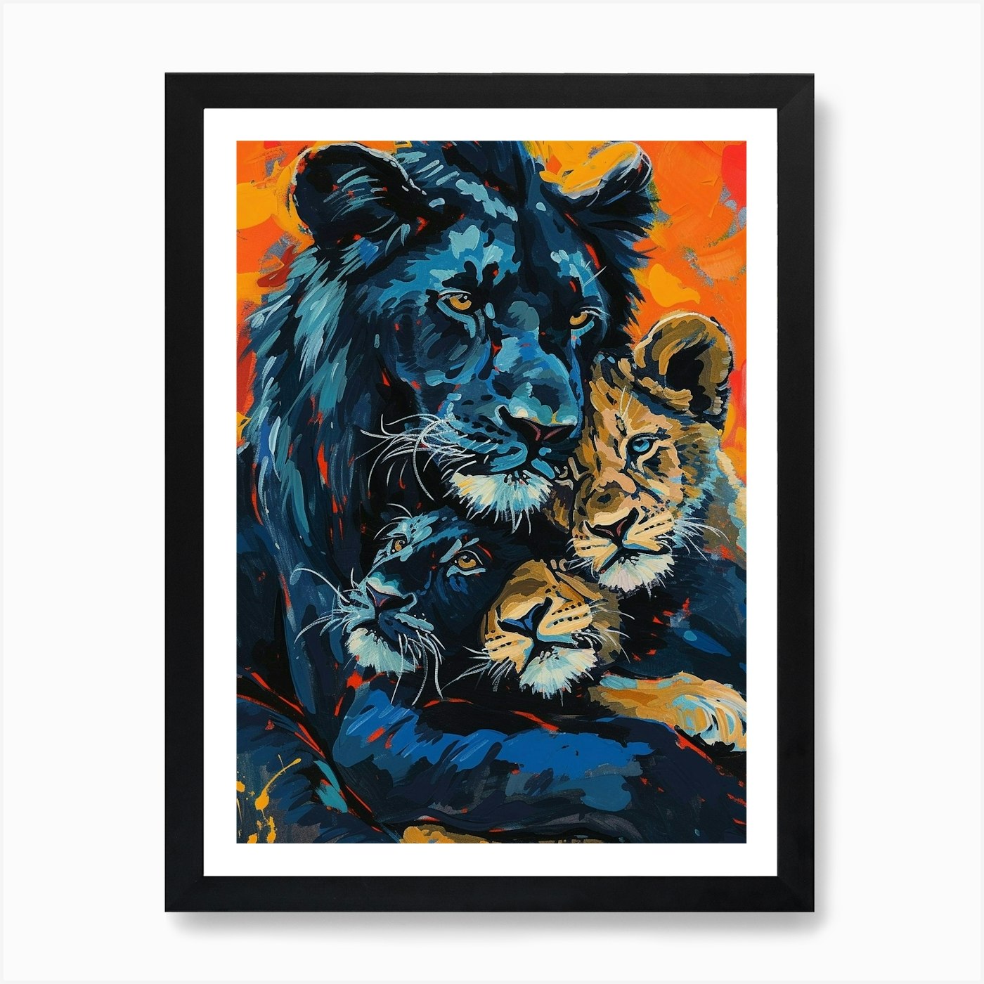 Black Lion Family Bonding Fauvist P Framed Wall Art Poster Canvas Print Picture