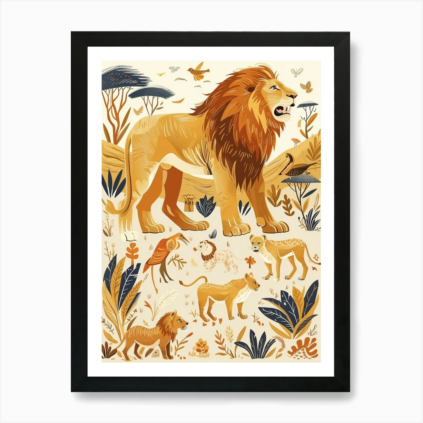 African Lion Interaction With Other Framed Wall Art Poster Canvas Print Picture