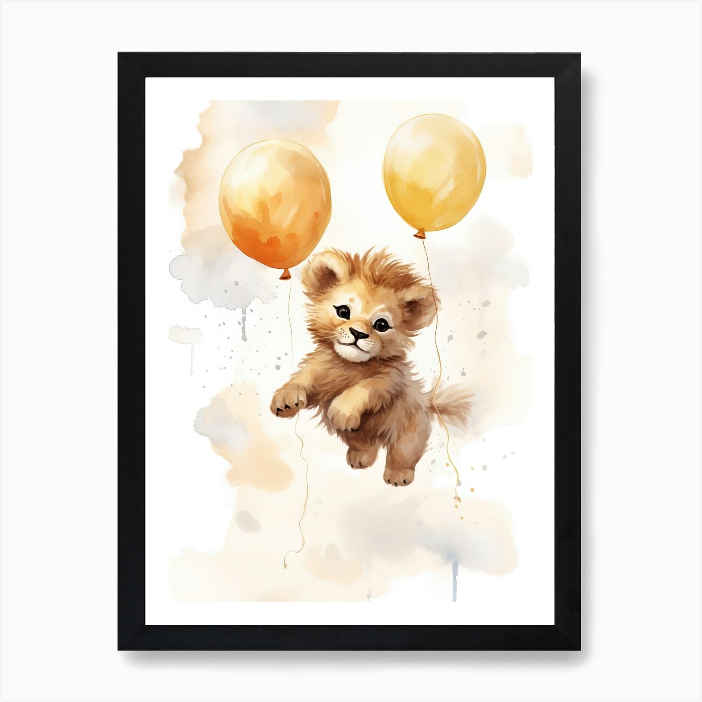 Baby Lion Flying With Ballons, Wate Framed Wall Art Poster Canvas Print Picture
