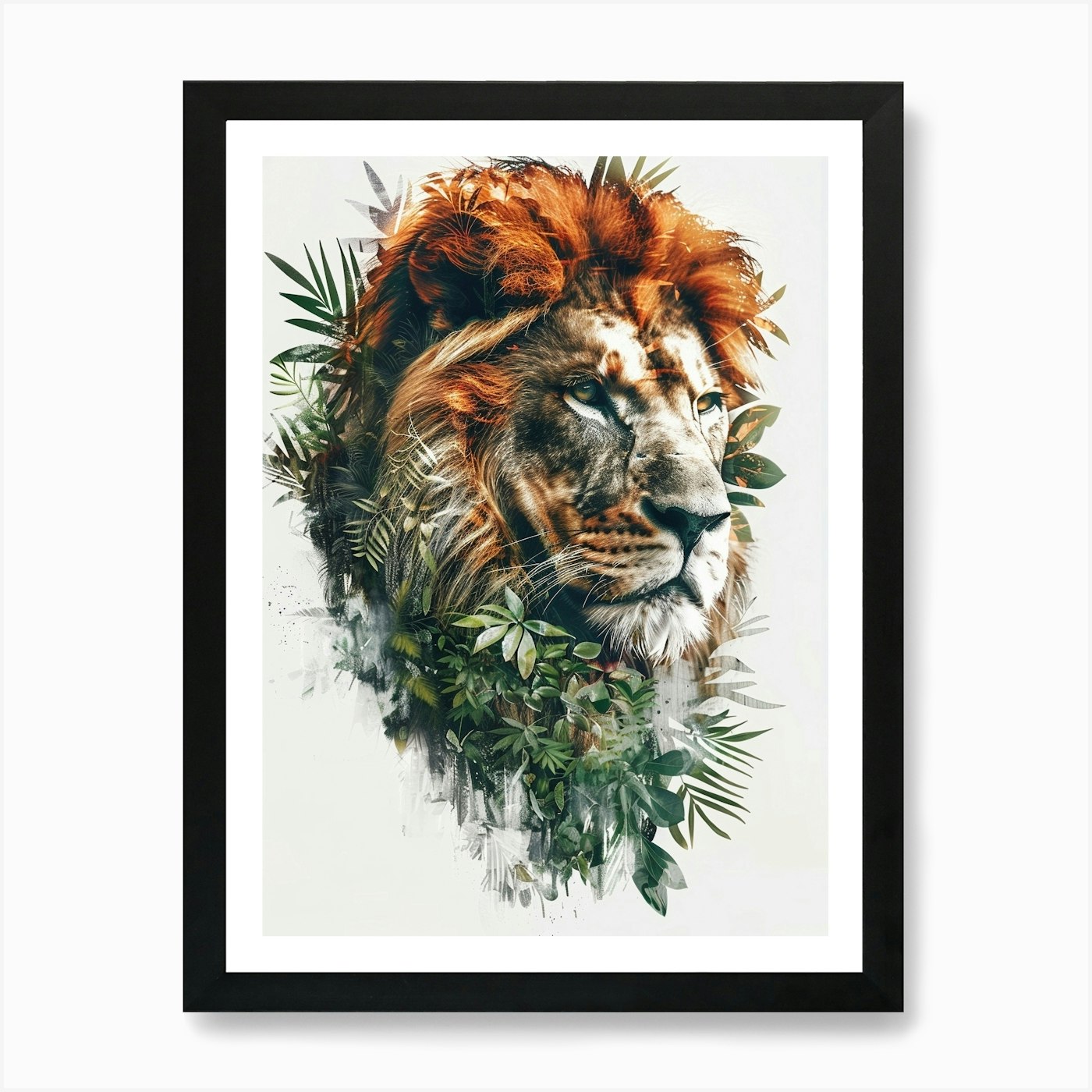 Double Exposure Realistic Lion With Framed Wall Art Poster Canvas Print Picture