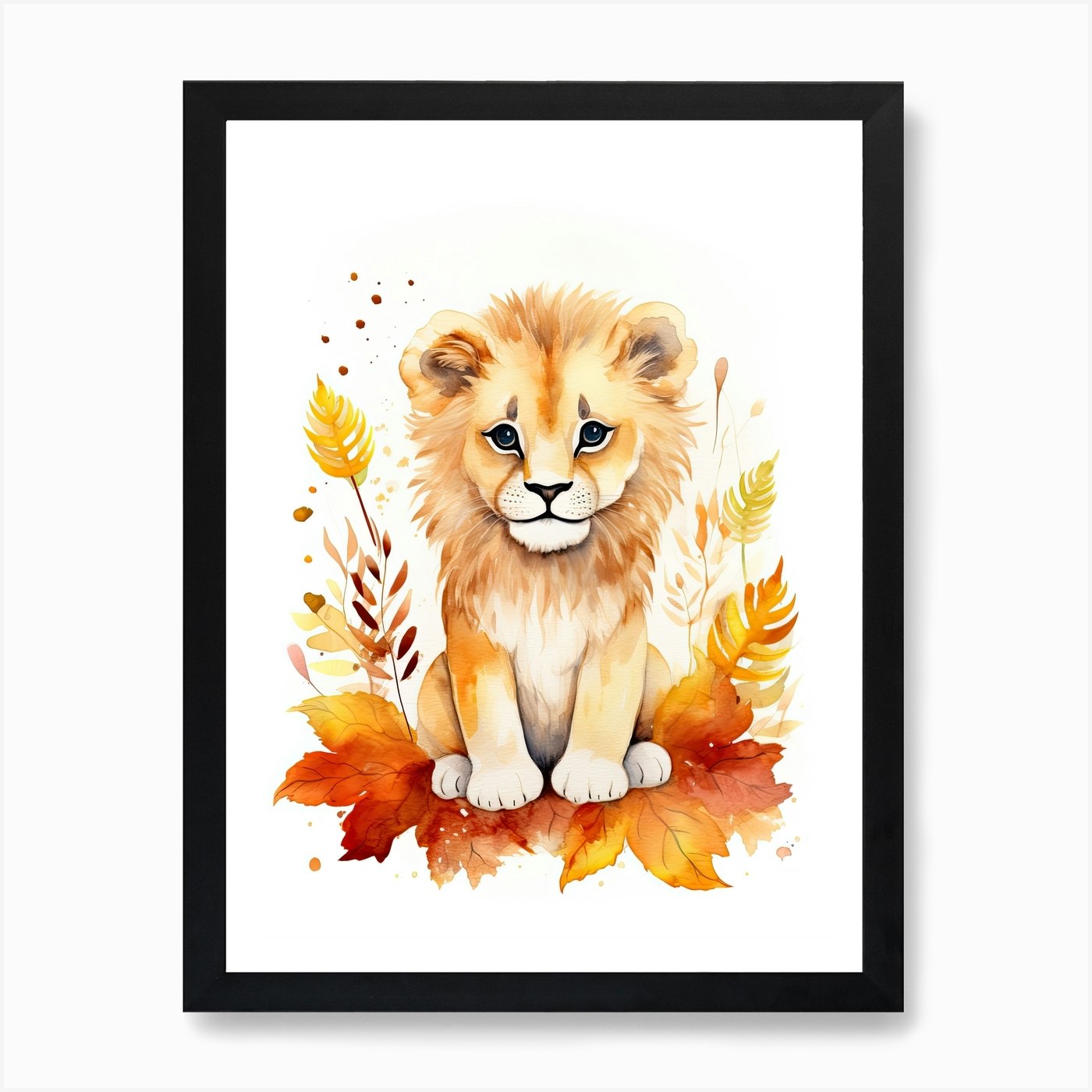 Lion Watercolour In Autumn Colours  Framed Wall Art Poster Canvas Print Picture