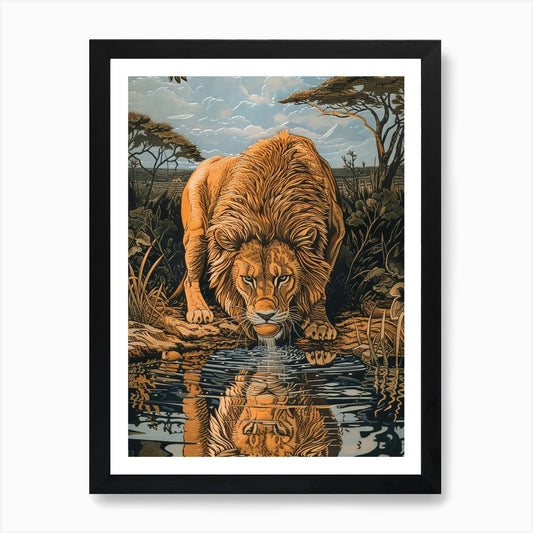 African Lion Relief Illustration Dr Framed Wall Art Poster Canvas Print Picture