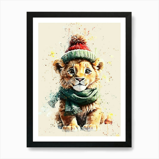 christmas lion kids watercolor Art  Framed Wall Art Poster Canvas Print Picture