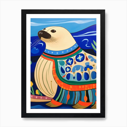 Maximalist Animal Painting Sea Lion Framed Wall Art Poster Canvas Print Picture
