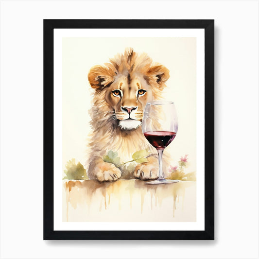 Tasting Wine Watercolour Lion Art P Framed Wall Art Poster Canvas Print Picture