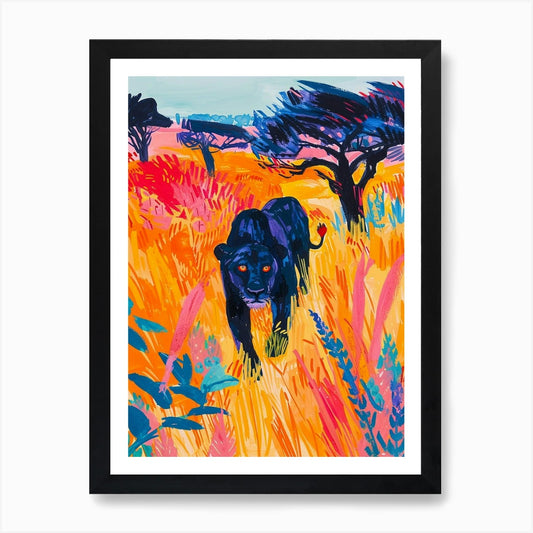 Black Lion Hunting In The Savannah  Framed Wall Art Poster Canvas Print Picture