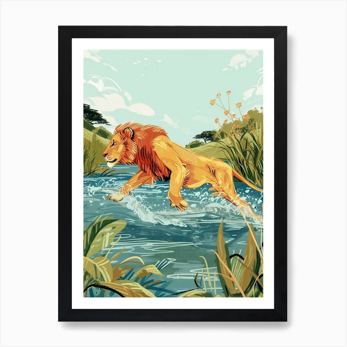 African Lion Crossing A River Illus Framed Wall Art Poster Canvas Print Picture