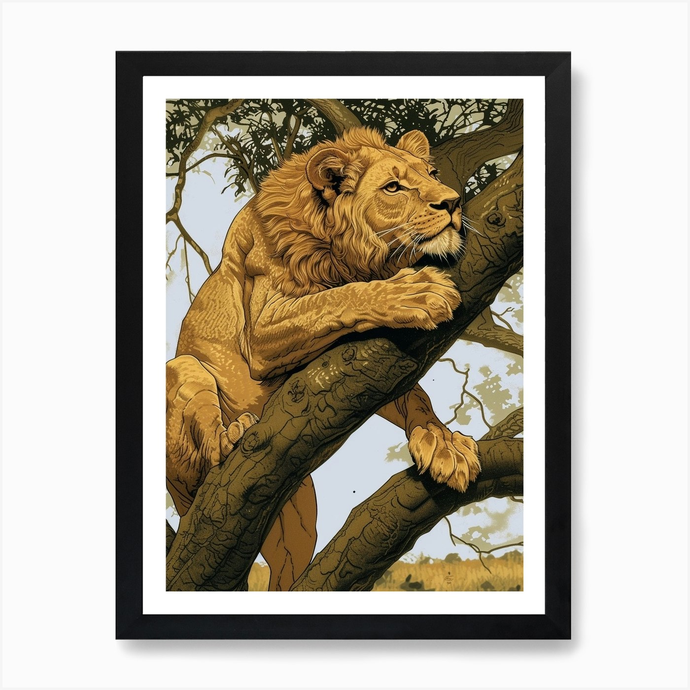 Barbary Lion Relief Illustration Cl Framed Wall Art Poster Canvas Print Picture