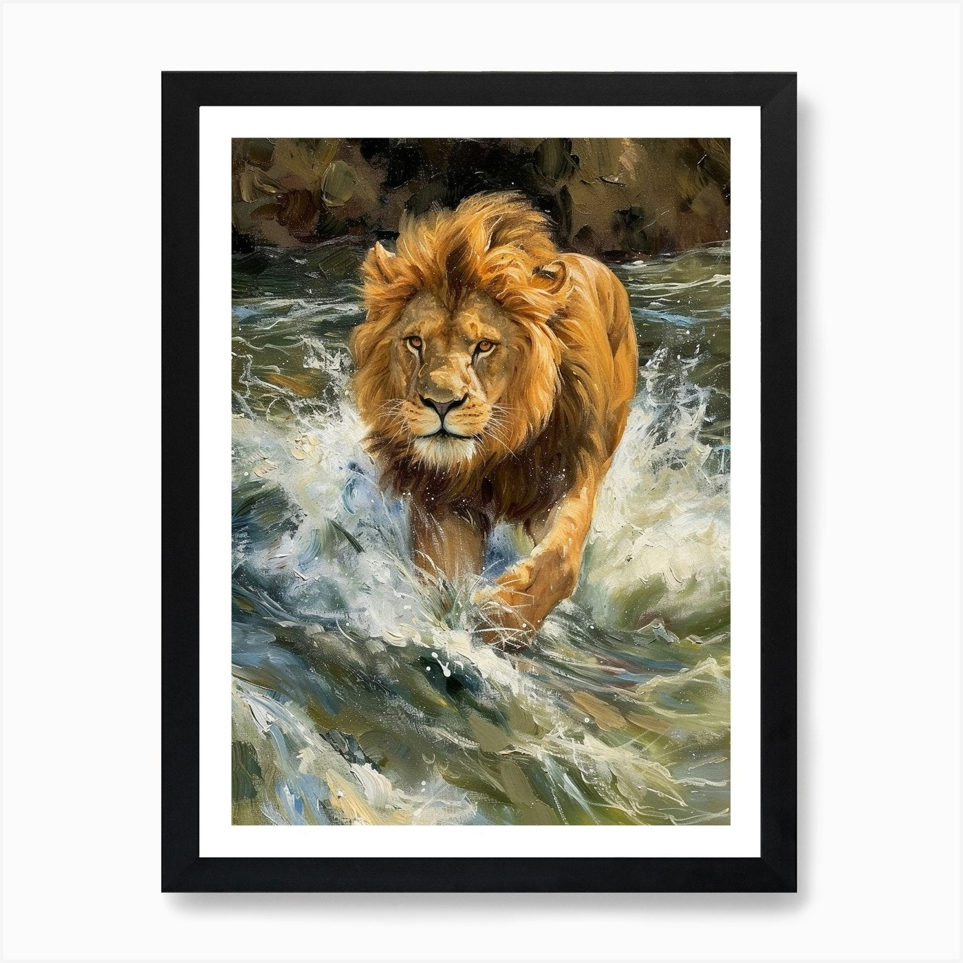 Barbary Lion Crossing A River Acryl Framed Wall Art Poster Canvas Print Picture