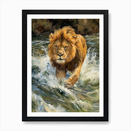 Barbary Lion Crossing A River Acryl Framed Wall Art Poster Canvas Print Picture