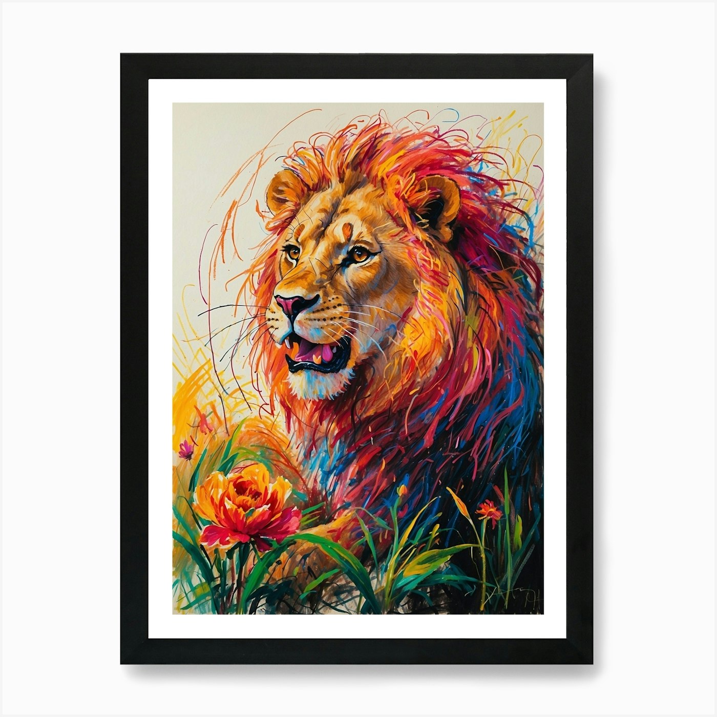 Lion And Flowers Art Print Framed Wall Art Poster Canvas Print Picture