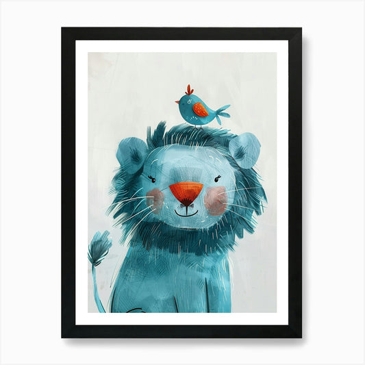 Small Joyful Lion With A Bird On It Framed Wall Art Poster Canvas Print Picture