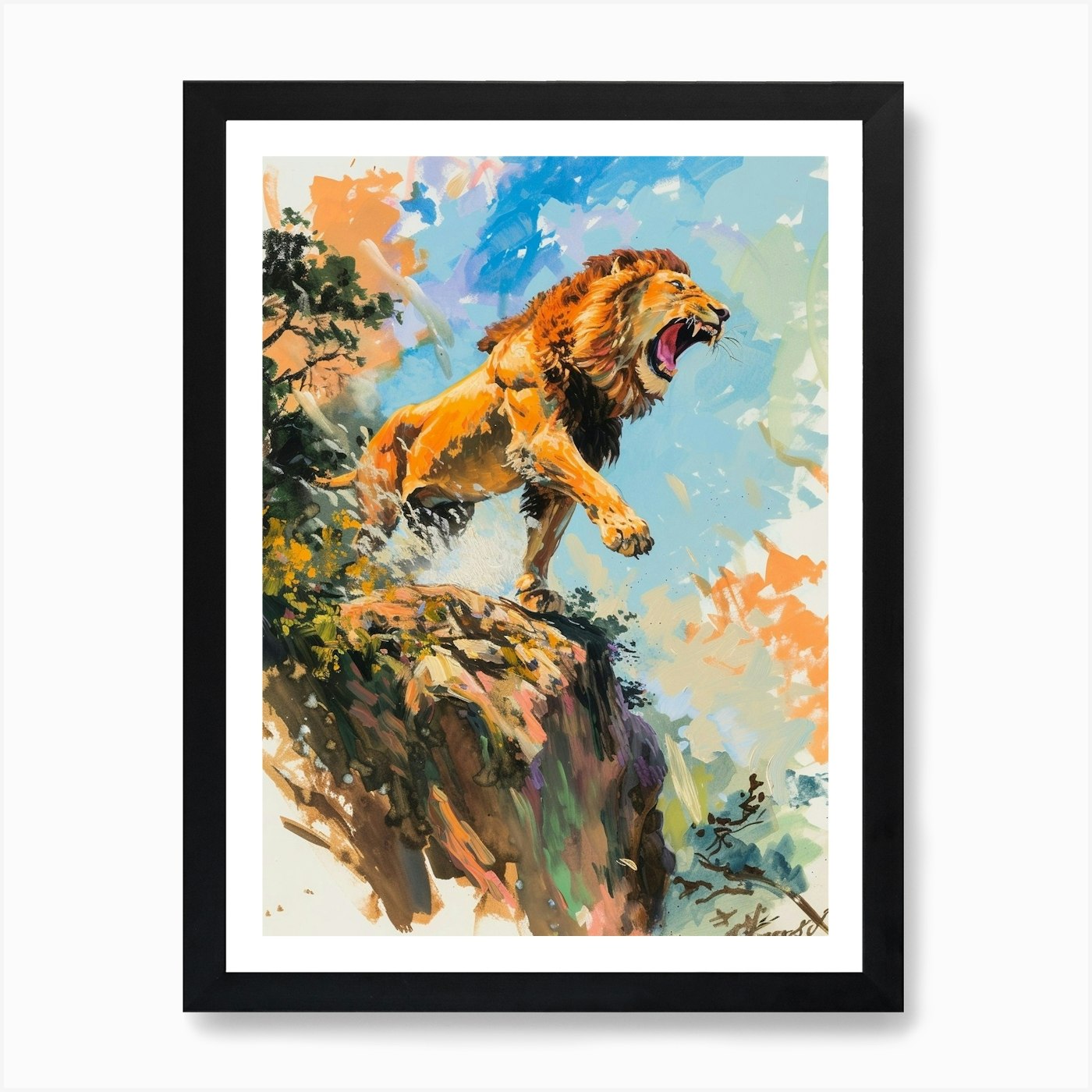 Asiatic Lion Roaring On A Cliff Fau Framed Wall Art Poster Canvas Print Picture