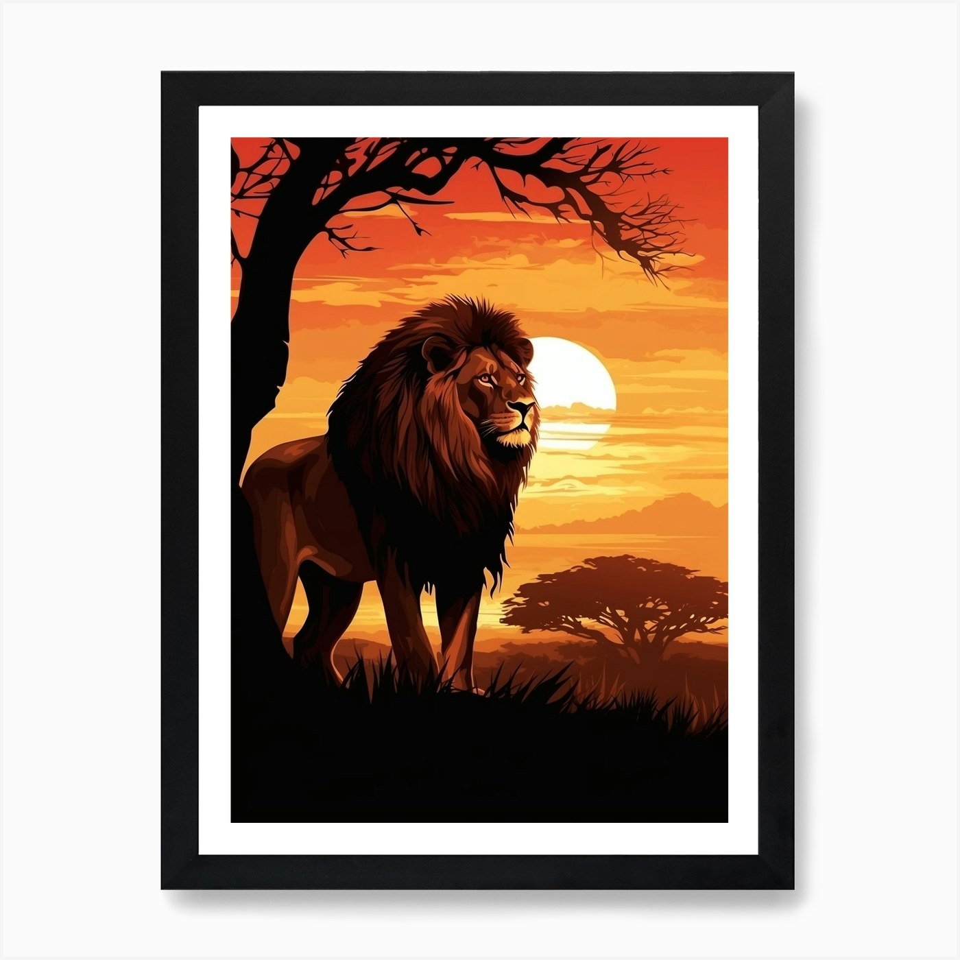 African Lion Sunset Silhouette 2 Ar Framed Wall Art Poster Canvas Print Picture