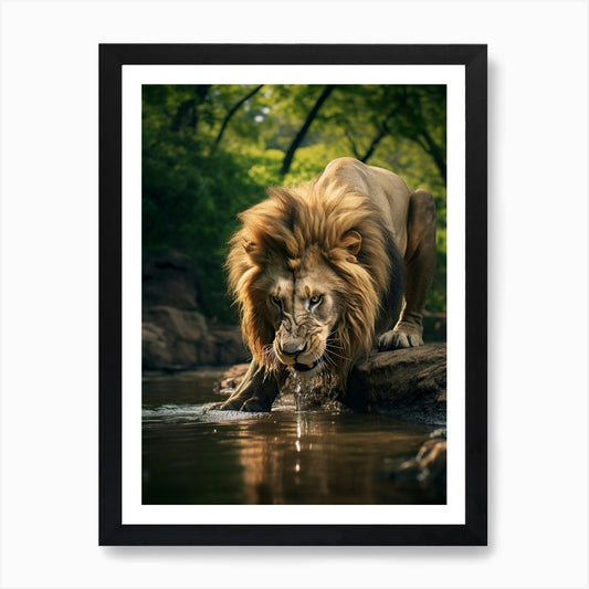 African Lion Drinking Water Realism Framed Wall Art Poster Canvas Print Picture