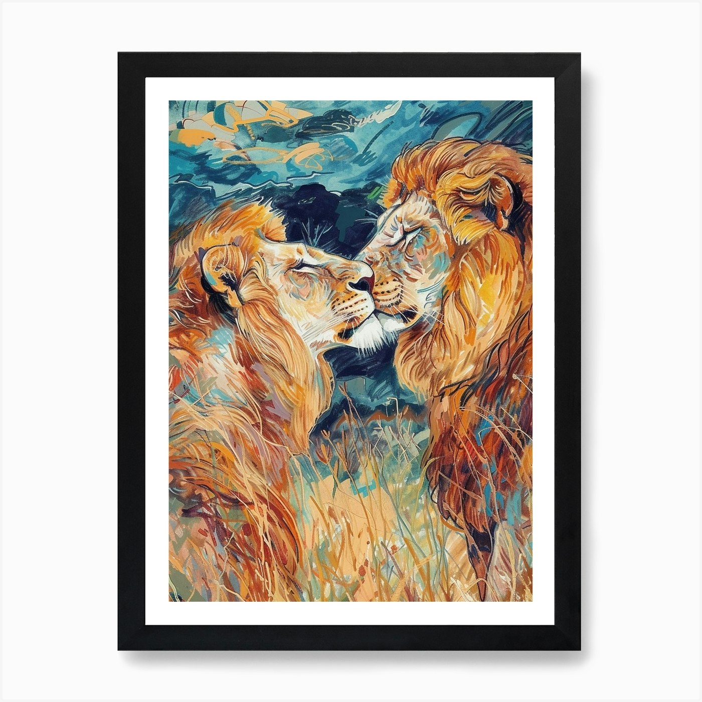 Masai Lion Mating Rituals Fauvist P Framed Wall Art Poster Canvas Print Picture