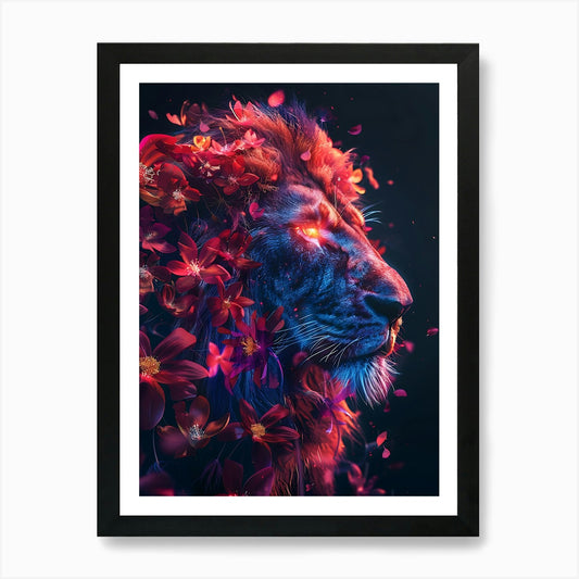 Lion With Flowers 5 Art Print Framed Wall Art Poster Canvas Print Picture