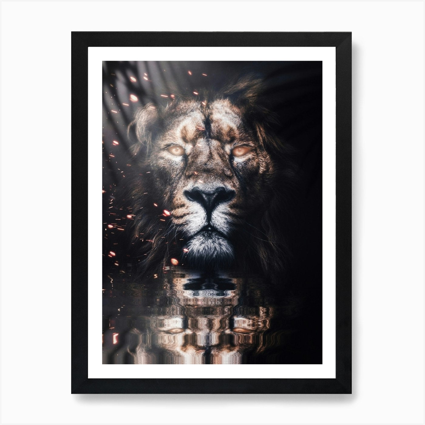 Golden King Lion River Reflection A Framed Wall Art Poster Canvas Print Picture