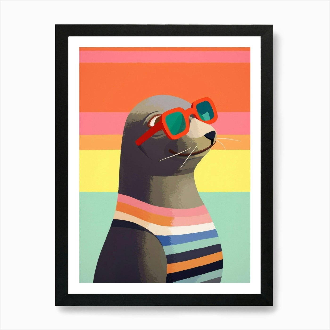 Little Sea Lion 3 Wearing Sunglasse Framed Wall Art Poster Canvas Print Picture