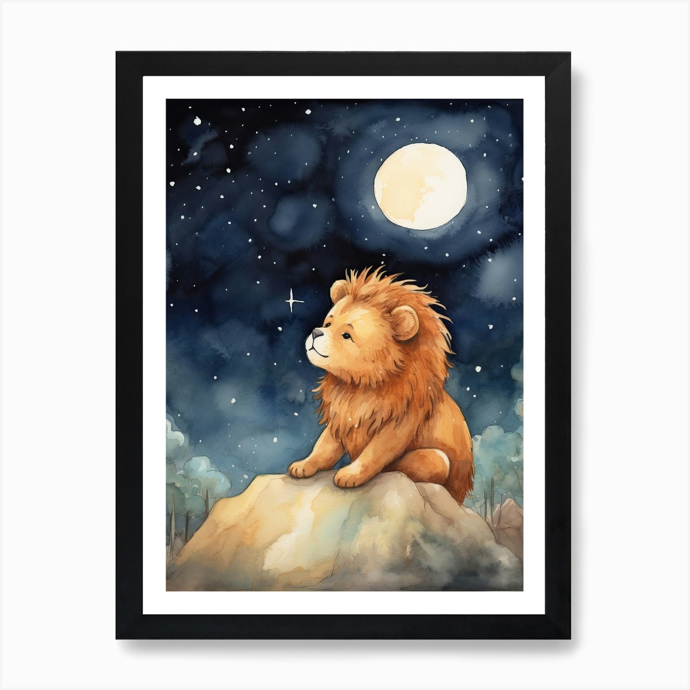 Stargazing Watercolour Lion Art Pai Framed Wall Art Poster Canvas Print Picture