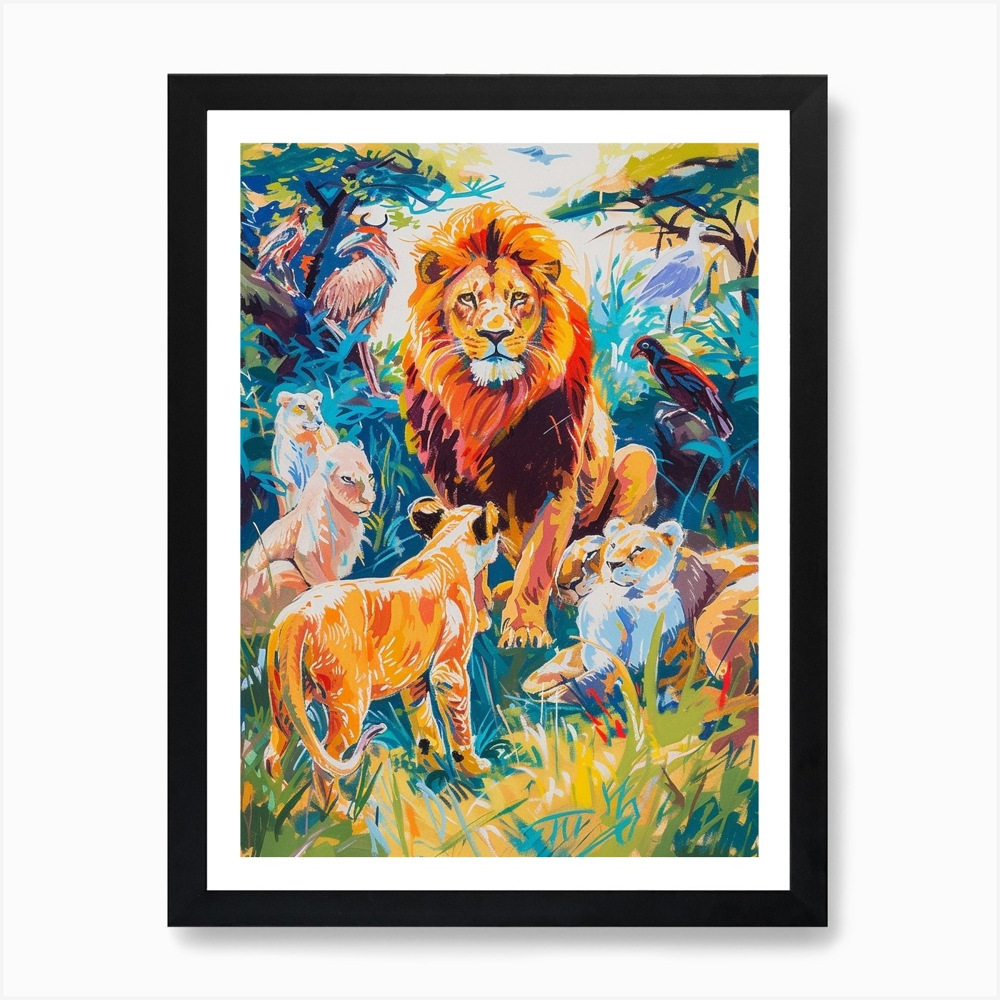 Masai Lion Interaction With Other W Framed Wall Art Poster Canvas Print Picture
