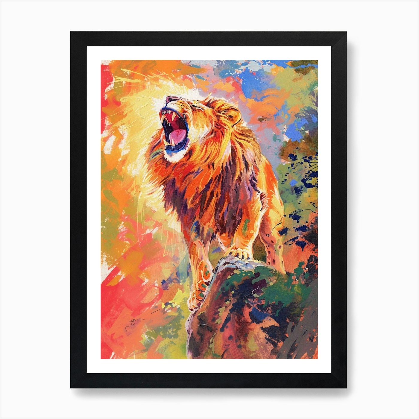 Asiatic Lion Roaring On A Cliff Fau Framed Wall Art Poster Canvas Print Picture